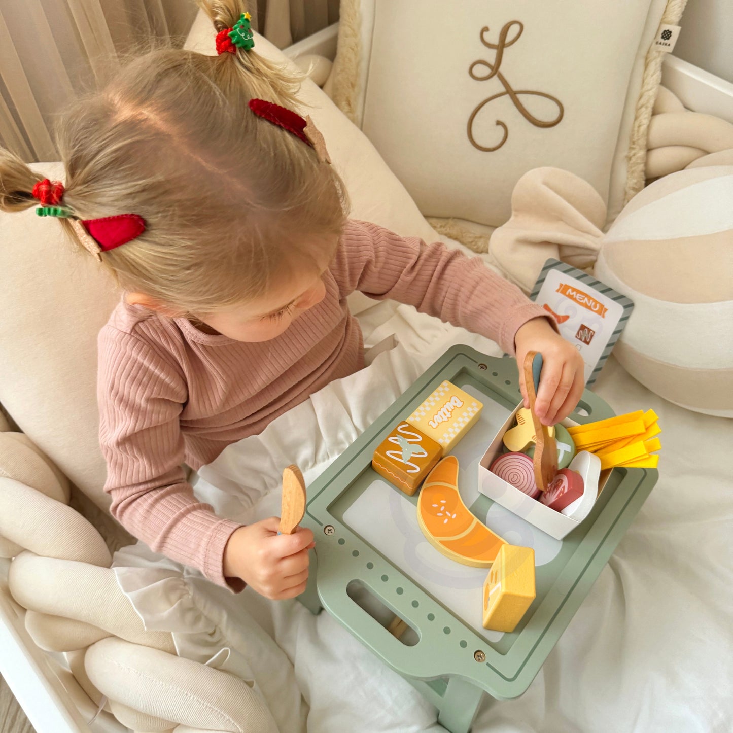 Moje Małe Bistro | Drewniany Zestaw Śniadaniowy z Tacą | WOOPIE GREEN