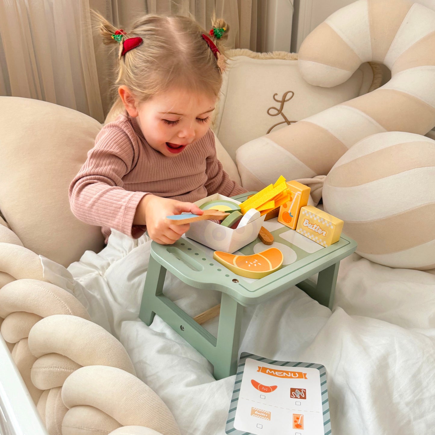 Moje Małe Bistro | Drewniany Zestaw Śniadaniowy z Tacą | WOOPIE GREEN